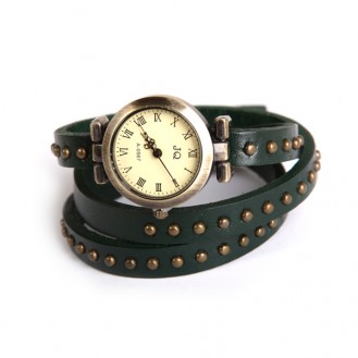 Женские наручные часы на кожаном ремешке с заклёпками JQ зелёные WR110006
