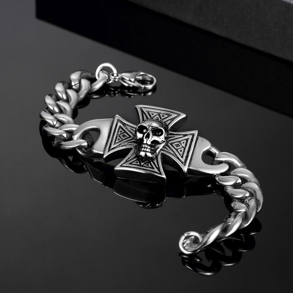 Фото 5Мужской браслет VELI бижутерия из нержавеющей ювелирной стали Крест и Череп 175886, 20.0 см