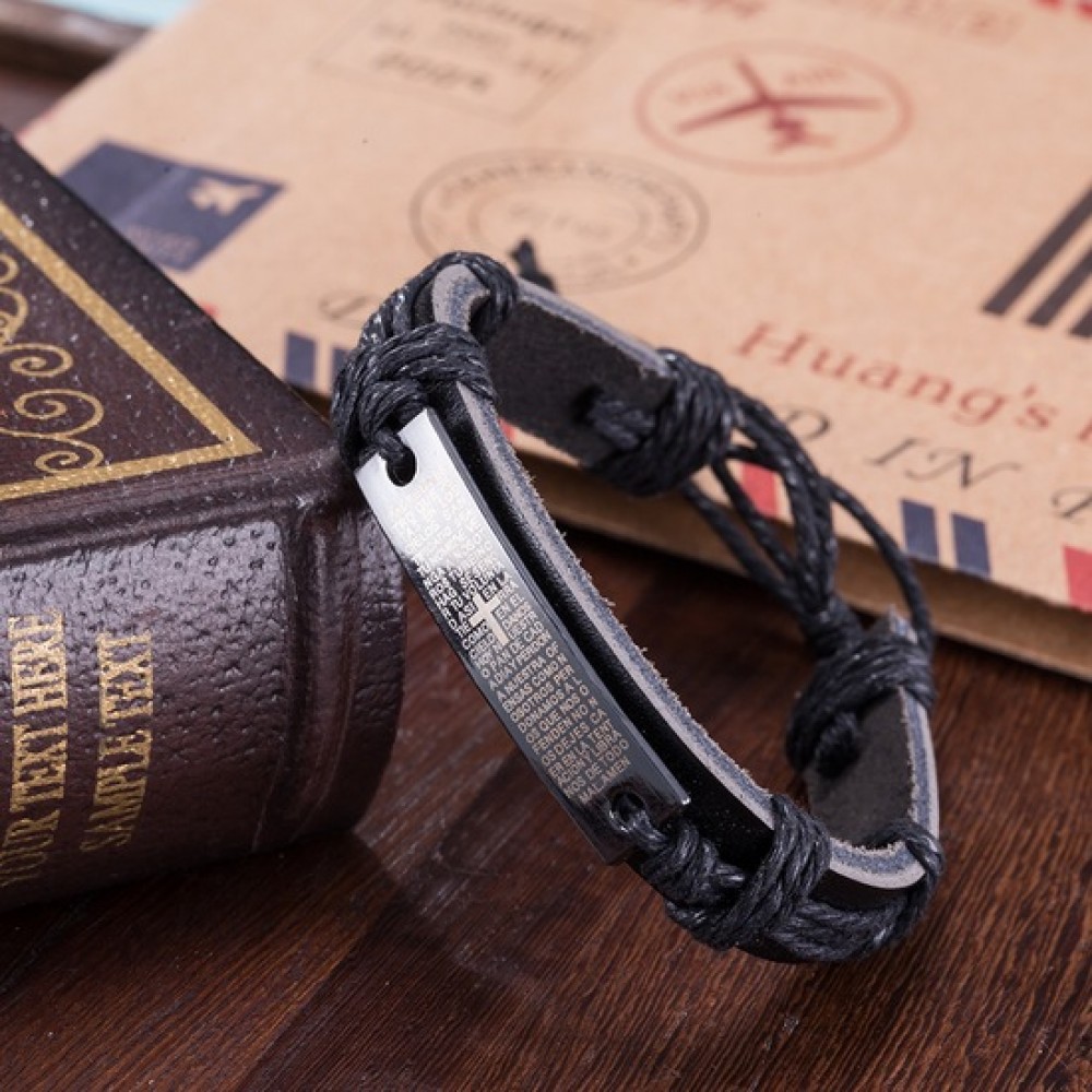 Фото 4Мужской браслет на руку VELI бижутерия из кожи PU с молитвой Сила Молитвы 179400, регулируемый размер